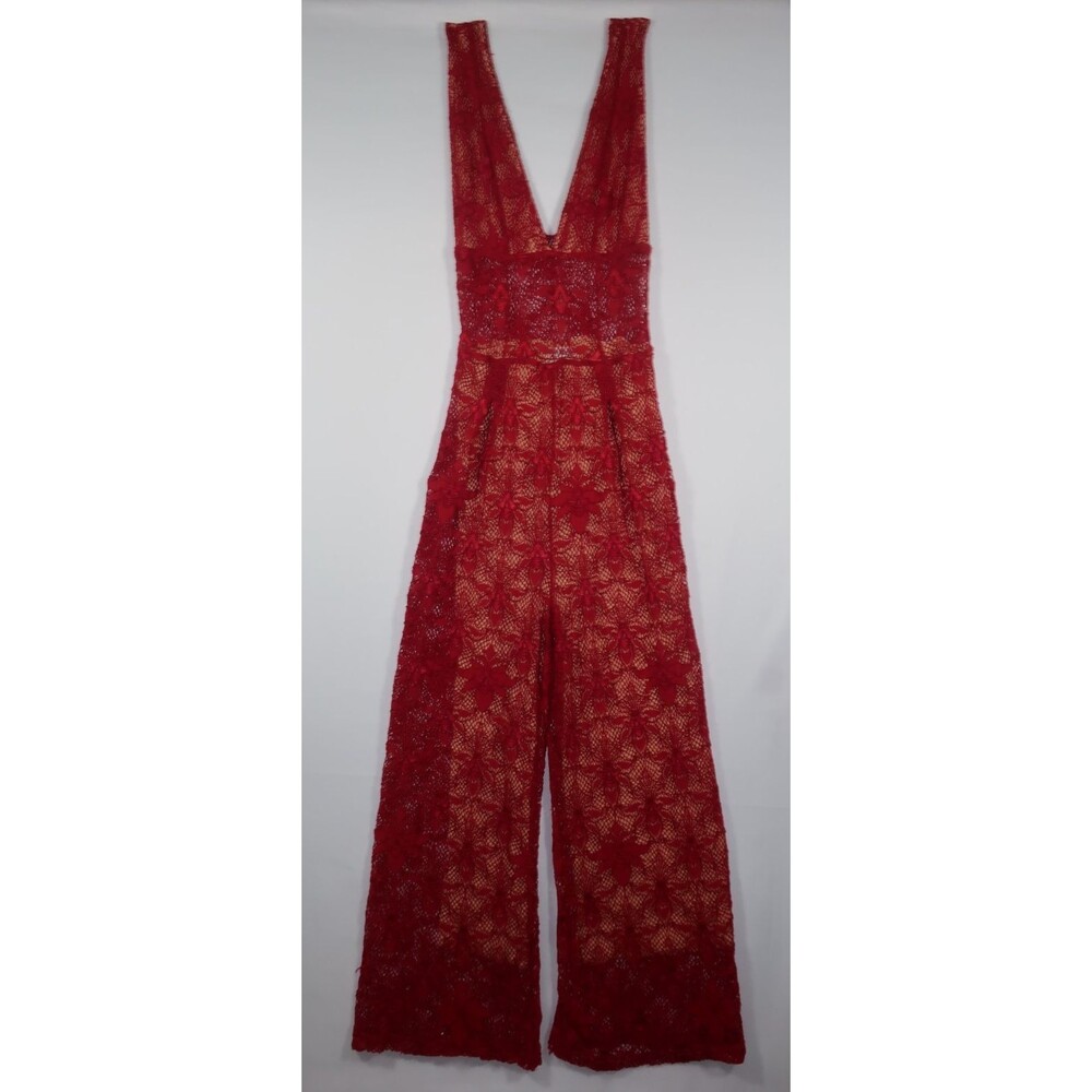 Nightcap Free People Fleur Lace Jumpsuit Red V Neck Stretchy Anthropologie 2 - Picture 4 of 14